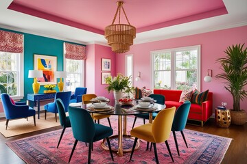 Vibrant Living Space Showcasing a Dining Table and Chic Chair Arrangement