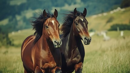 Obraz premium Two Majestic Horses Running Freely Across a Sunlit Meadow at Sunset