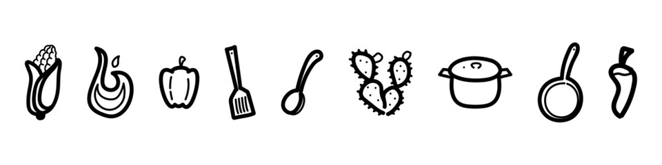 Ingredientes de cocina típicos de la gastronomía mexicana y utensilios de cocina, minimalistas. Incluyen un maíz, una flama, un pimiento, una espátula, un nopal, una olla, un sartén y un chile.