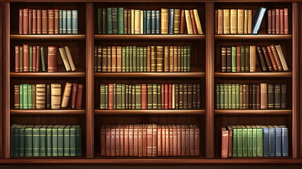 Books on Shelves in a Library or Study with Classic Dark Wood &ndash; A Detailed View of Organized Bookcases and Rich Wood Finish