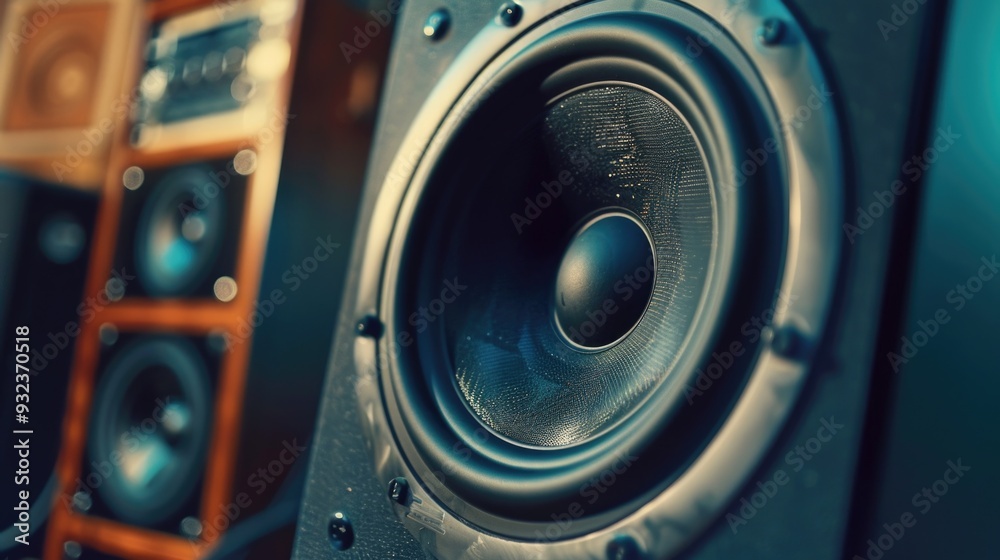 Poster a close-up view of a pair of speakers with detailed features