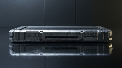 Futuristic Metal Box with Scratched Surface and Reflection on Black Background