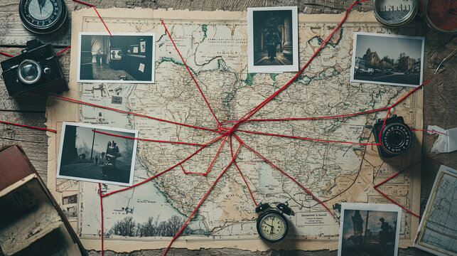 Detective Board with Fingerprints, Photos, Map, and Clues Connected by Red String &ndash; Detailed Crime Scene Investigation Board Featuring Evidence Connections, Clues, and Investigative Materials