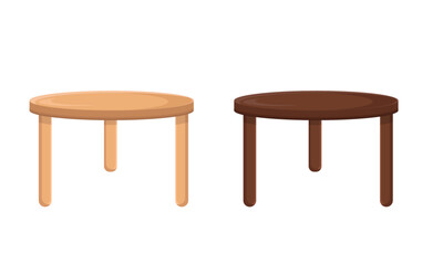 Set of wooden brown table round desk isolated on white background. Coffee table modern trendy vector illustration