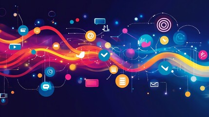 Creative representation of content strategy and digital marketing highlighting SEO optimization social media and brand messaging with interconnected flowing patterns