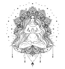 Tribal Goddess. Boho Girl over black and white ornate mandala. Vector ornate decorative illustration isolated on white. Buddhism esoteric motifs. Tattoo, spiritual yoga. Coloring book.