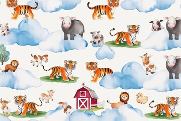 Naklejka premium Whimsical Watercolor Pattern of Fluffy Clouds, Adventurous Baby Tiger Cubs, and Playful Farm Animals on a Soft White Background