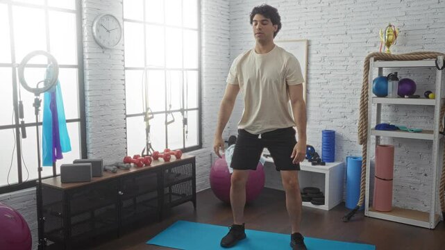 Young, hispanic man doing squats on a blue mat in a well-equipped gym with various exercise equipment and a white brick wall background.