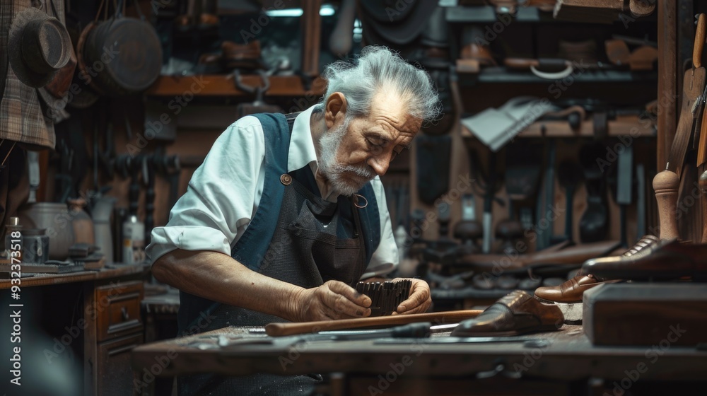Poster a person works on a wooden object in a well-lit workshop