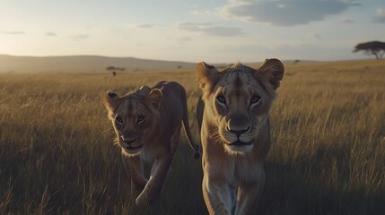 Fototapeta premium Two Majestic Lions Walking Together in the Wild, Capturing Their Natural Grace