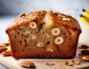 The moist, tender crumb of a freshly sliced loaf of banana bread, dotted with nuts.