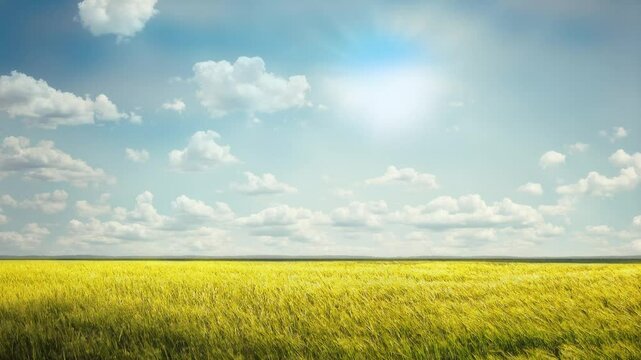 Loop background - yellow field with blue sky and clouds, grass and clouds are moving