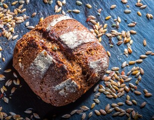 The rough, rustic surface of a stone-ground whole grain bread, with visible seeds and grains