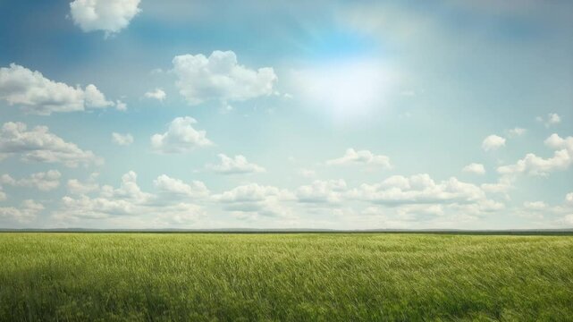 Loop background - green field with blue sky and clouds, grass and clouds are moving