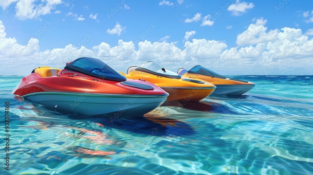 Poster a row of jet skis floating on calm ocean waters, ready for adventure or relaxation