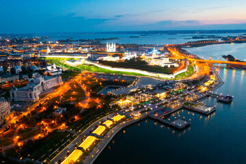 Fototapeta premium Stunning bird's eye view of Kazan Kremlin with turned on city lights.
