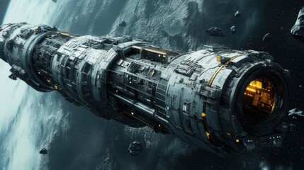 Futuristic Spaceship Flying Through Space With Asteroids