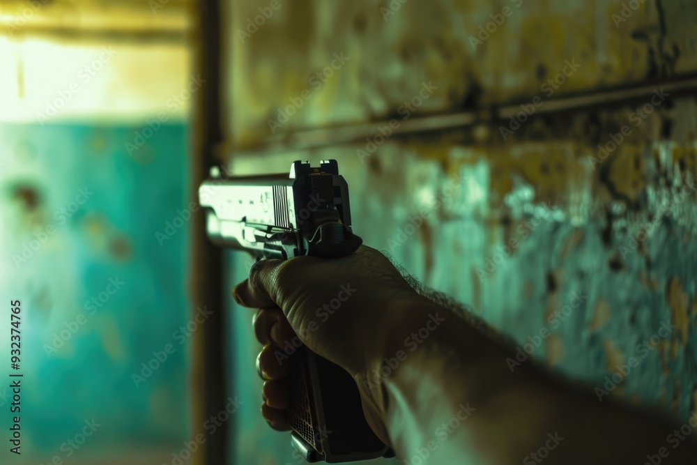 Poster a person holds a firearm, suitable for various contexts where weapons are depicted