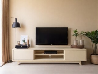 Cabinet for TV on the cream color wall in living room,minimal design