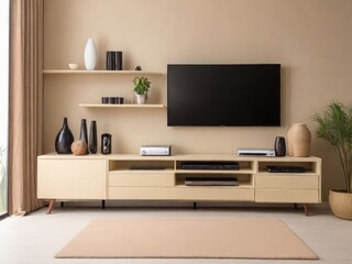 Fototapeta premium Cabinet for TV on the cream color wall in living room,minimal design