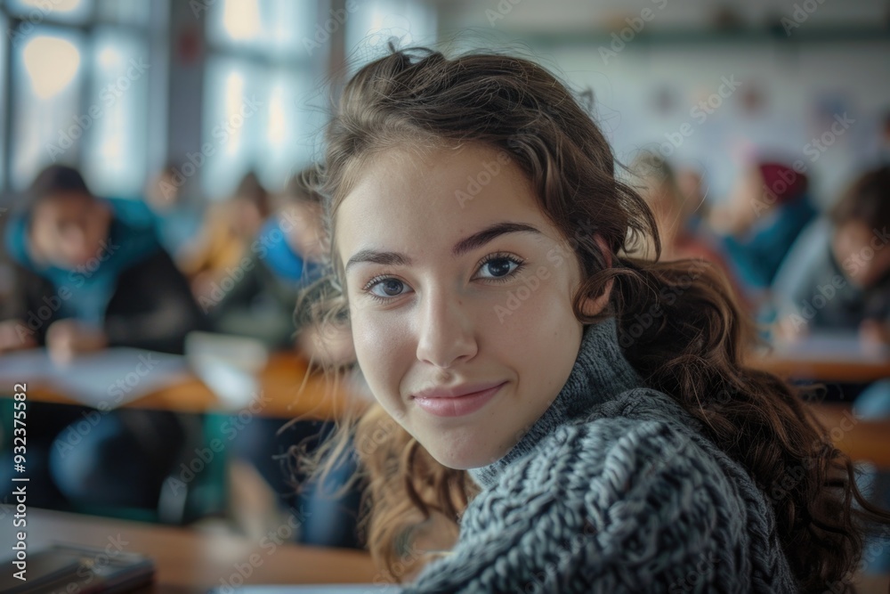Poster young woman sitting in front of a laptop computer with a focused expression