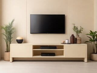 Cabinet for TV on the cream color wall in living room,minimal design
