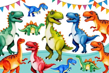Obraz premium Cute and Colorful Watercolor Dinosaur Parade Illustration for Kids� Celebrations