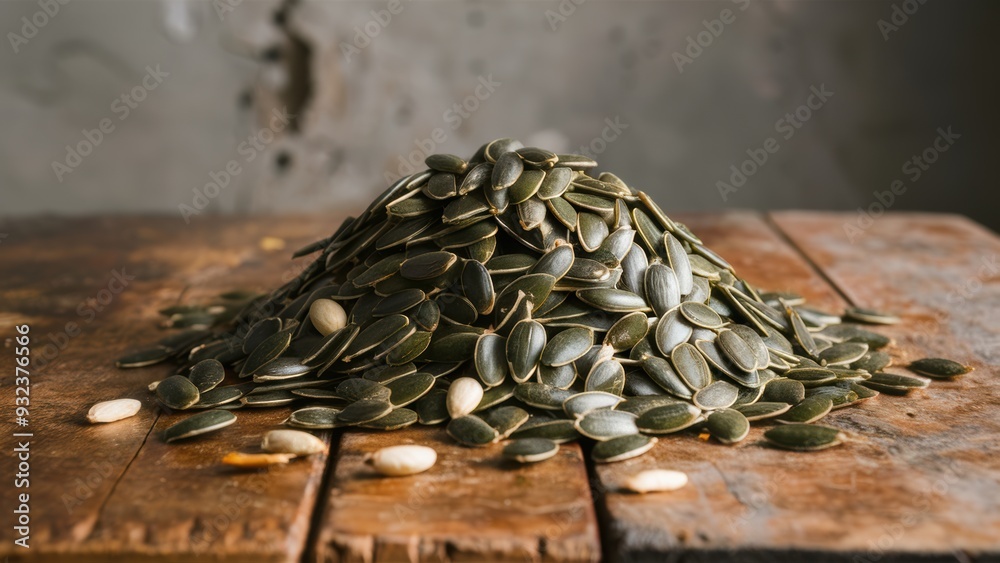 Poster A pile of seeds on a wooden table with some nuts, AI