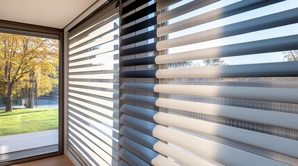 Obraz premium A modern interior featuring layered window blinds with a view of an outdoor landscape.