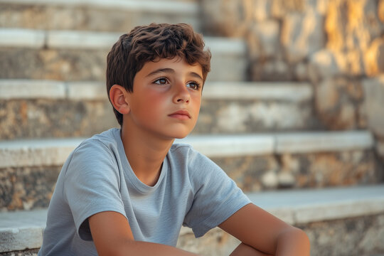 A boy is sitting on a set of stairs with his head down - Powered by Adobe