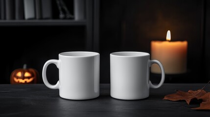Obraz premium Two empty white mugs on a dark table, with a candle and a Halloween pumpkin in the background.
