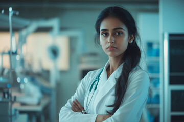 Fototapeta premium A woman in a white lab coat stands in front of a wall with a sign that says 