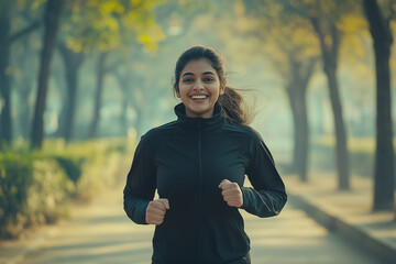 A woman is running in a park with a smile on her face