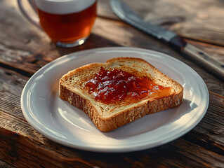 A slice of golden-brown Toast with melted butter and jam spreading across the surface, placed on a simple white plate, with a knife and a cup of tea nearby