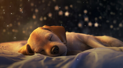 cute little puppy is sleeping at cozy bed in front of starry night