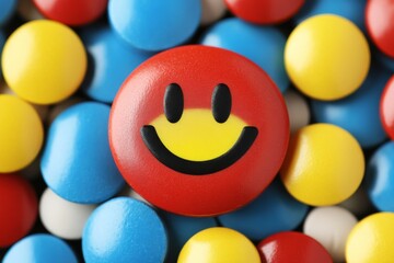 Smiling pill character with a round face among colorful capsules symbolizing health happiness and positivity in a vibrant and cheerful design