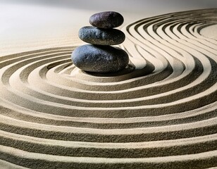 Japanese Zen rock garden with carefully arranged stones and raked gravel symbolic