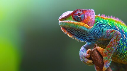 Colorful Chameleon on Branch  Close Up Portrait