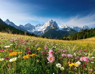 Fototapeta premium Mountain view with wildflowers blooming