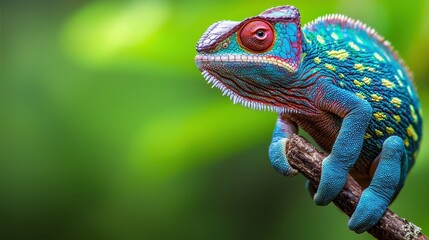 Fototapeta premium Colorful Chameleon on Branch in Green Forest