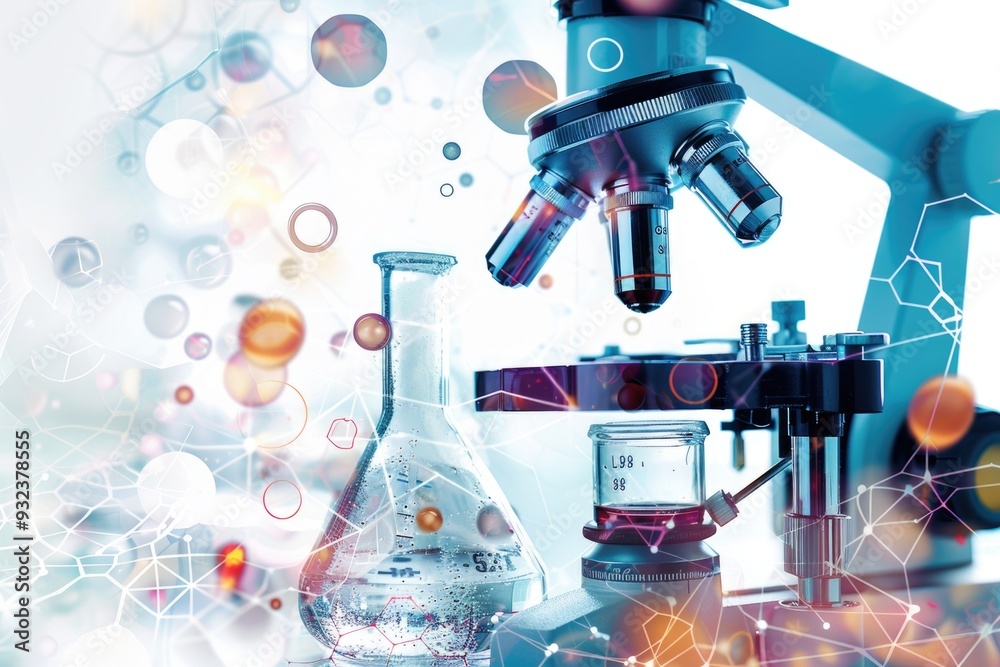 Poster A microscope and a flask filled with liquid are set up on a table for scientific analysis