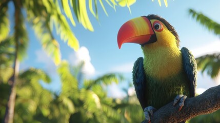 Obraz premium Colorful Toucan Perched on Branch in Tropical Rainforest