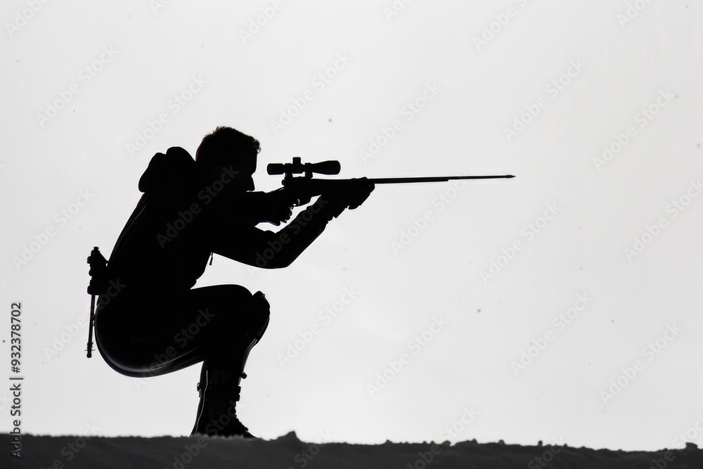 Poster a man in a crouched position holds a rifle, ready for action