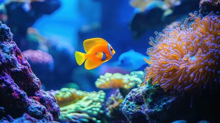 Vibrant Orange and Blue Tropical Fish Swimming Near Coral Reef