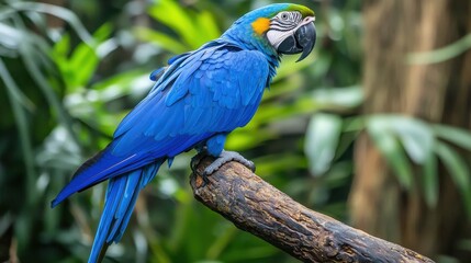 Blue and Gold Macaw Perched on Branch in Rainforest