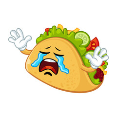 Sad taco cartoon character crying with tears running down its face. 