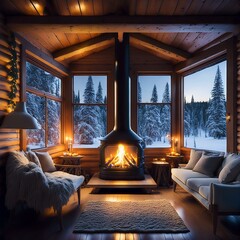 Winter cabin with a roaring fireplace
