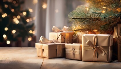 Beautifully wrapped holiday presents under a tree