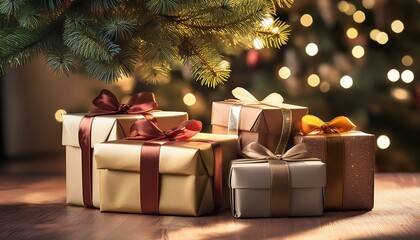 Beautifully wrapped holiday presents under a tree