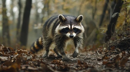 Obraz premium Raccoon Walking Through Autumn Forest